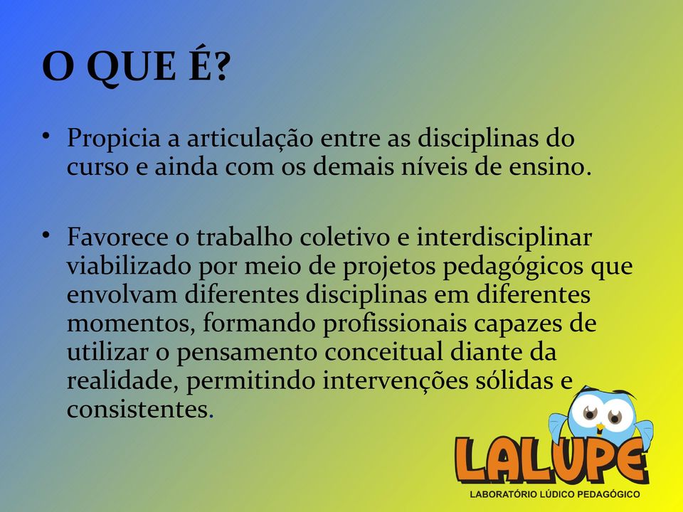 Favorece o trabalho coletivo e interdisciplinar viabilizado por meio de projetos pedagógicos que