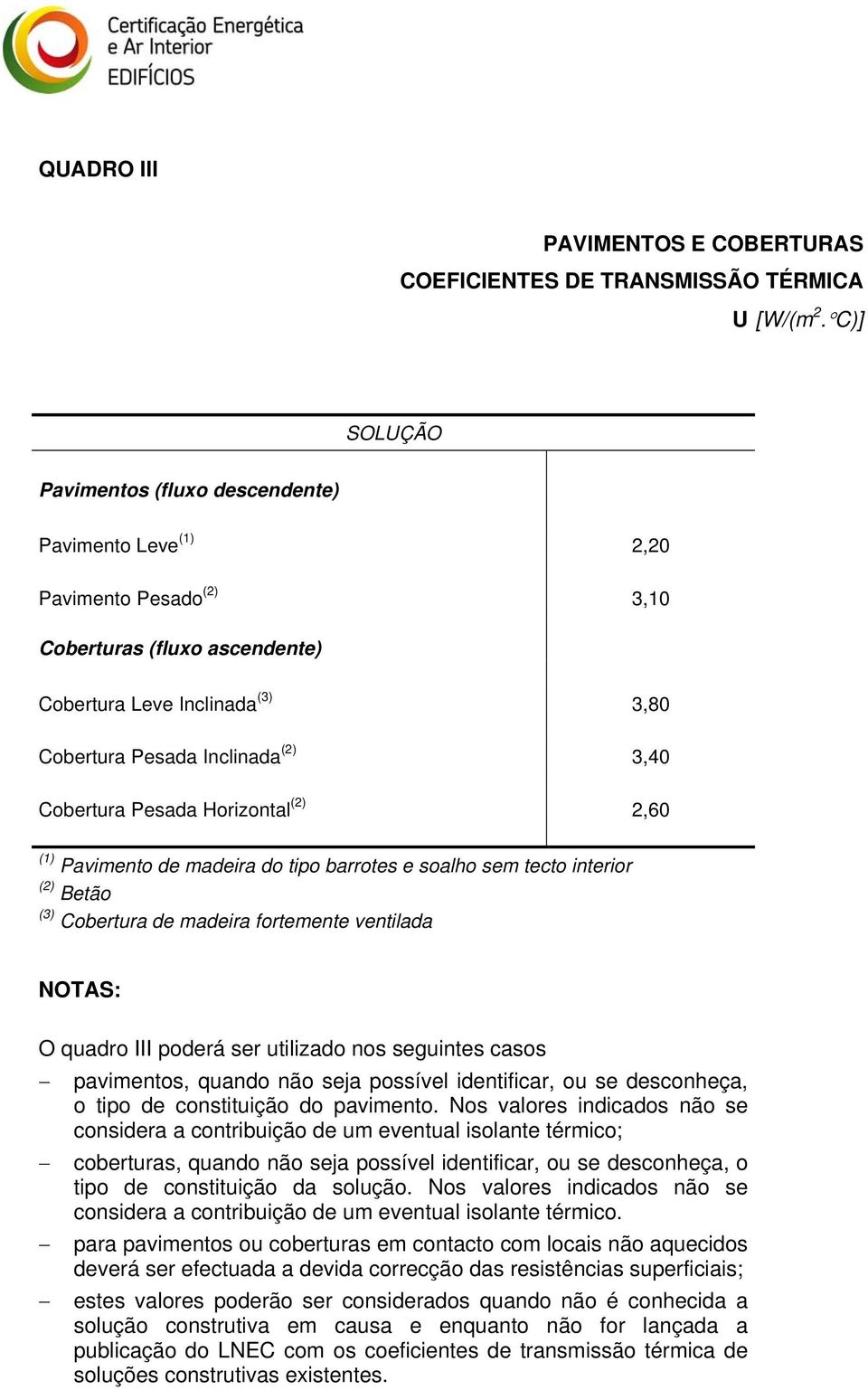 III poderá ser utilizado nos seguintes casos pavimentos, quando não seja possível identificar, ou se desconheça, o tipo de constituição do pavimento.