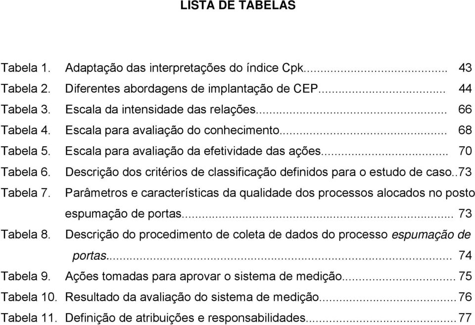 .73 Tabela 7. Parâmetros e características da qualidade dos processos alocados no posto espumação de portas... 73 Tabela 8.