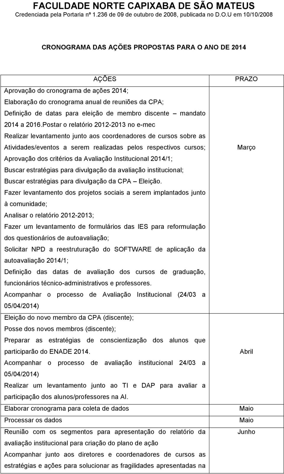 Postar o relatório 2012-2013 no e-mec Realizar levantamento junto aos coordenadores de cursos sobre as Atividades/eventos a serem realizadas pelos respectivos cursos; Aprovação dos critérios da