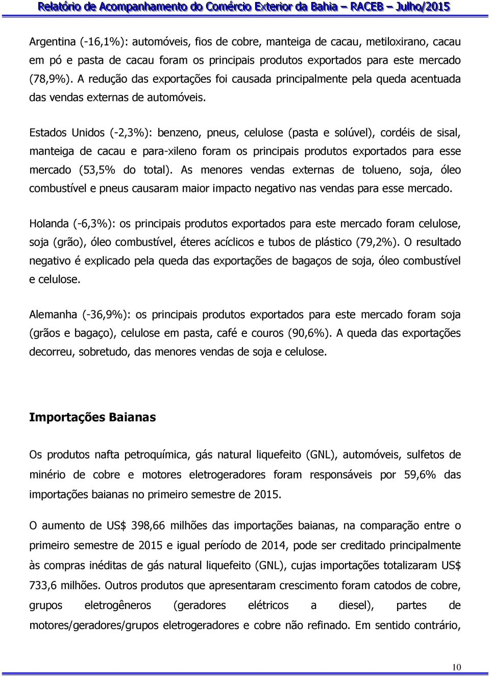 Estados Unidos (-2,3%): benzeno, pneus, celulose (pasta e solúvel), cordéis de sisal, manteiga de cacau e para-xileno foram os principais produtos exportados para esse mercado (53,5% do total).