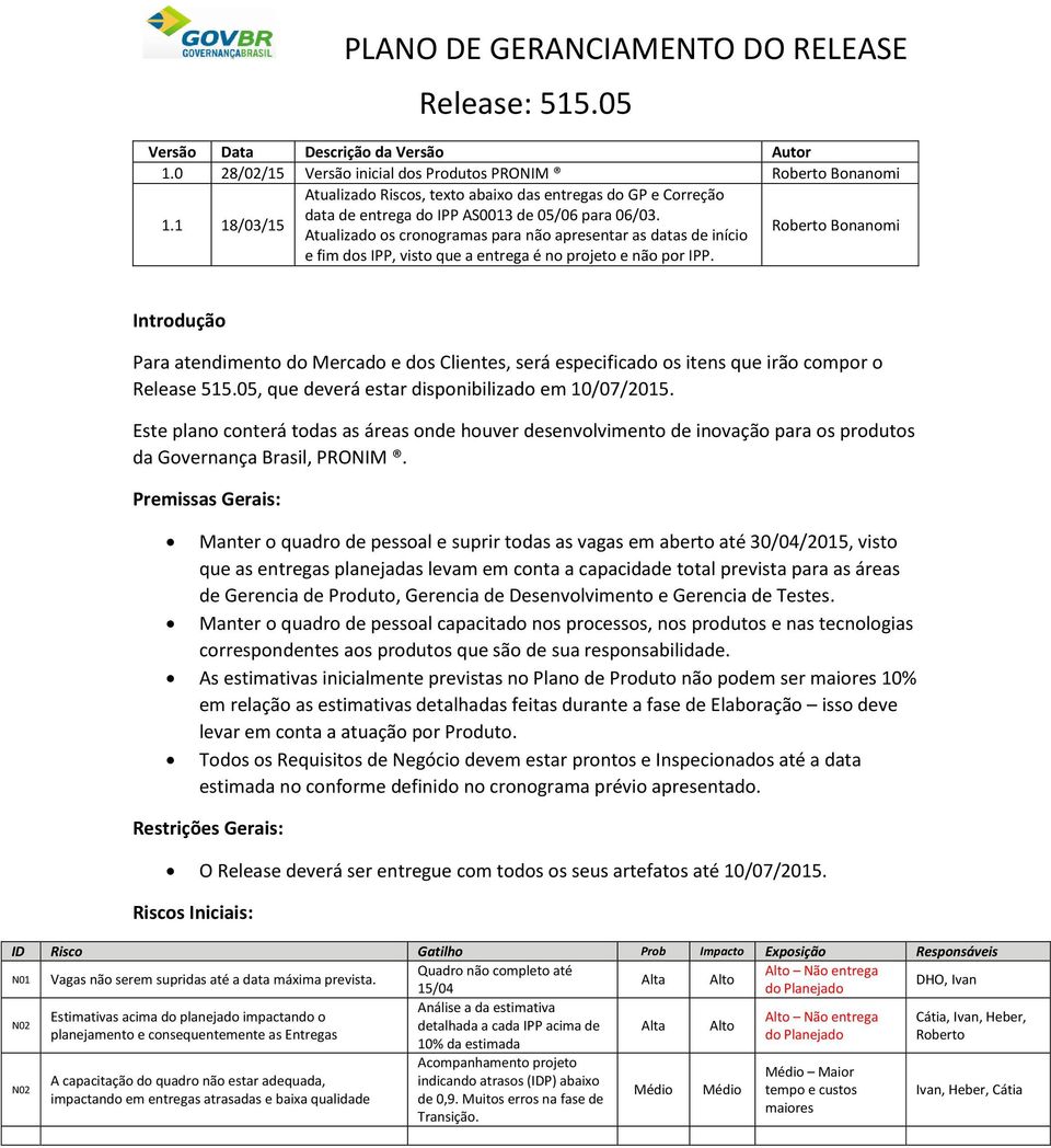 Atualizado os cronogramas para não apresentar as datas de início e fim dos IPP, visto que a entrega é no projeto e não por IPP.