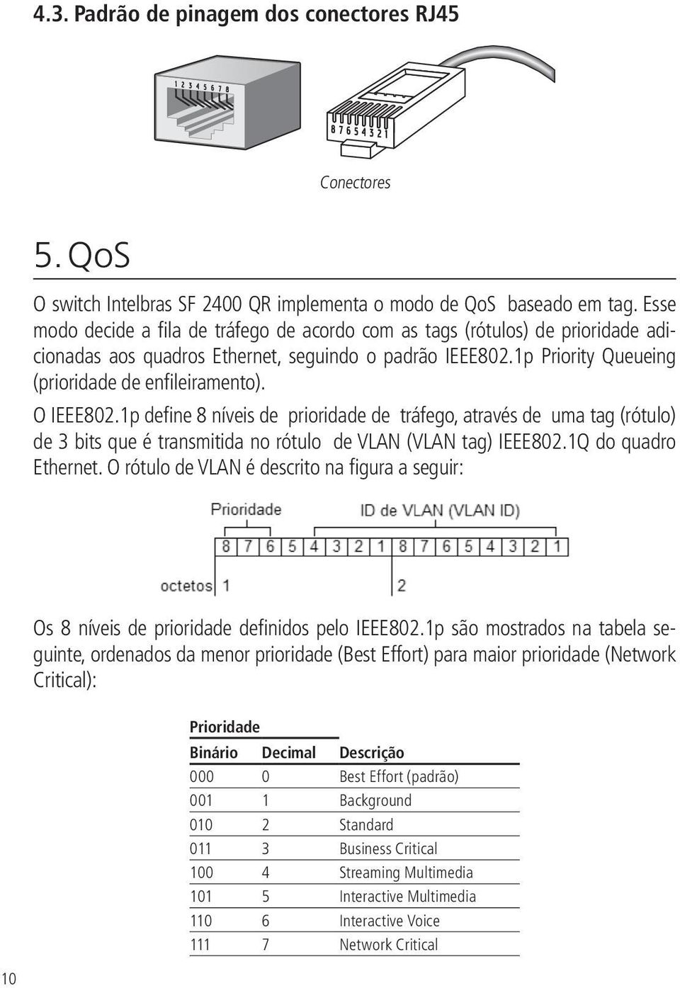 O IEEE802.1p define 8 níveis de prioridade de tráfego, através de uma tag (rótulo) de 3 bits que é transmitida no rótulo de VLAN (VLAN tag) IEEE802.1Q do quadro Ethernet.