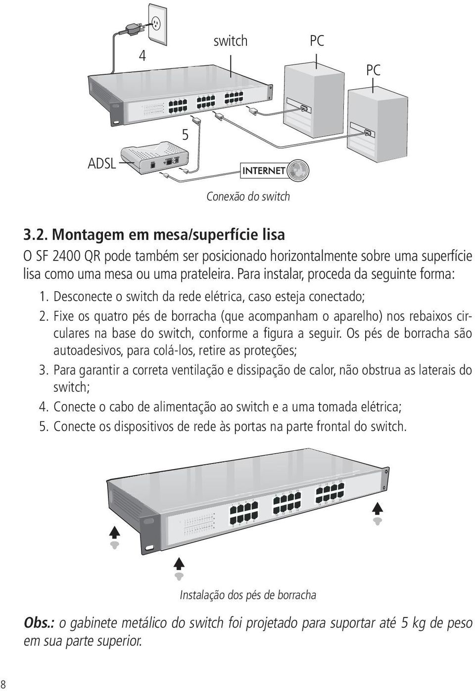 Fixe os quatro pés de borracha (que acompanham o aparelho) nos rebaixos circulares na base do switch, conforme a figura a seguir.