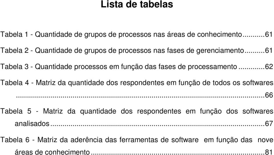 ..66 Tabela 5 - Matriz da quantidade dos respondentes em função dos softwares analisados.