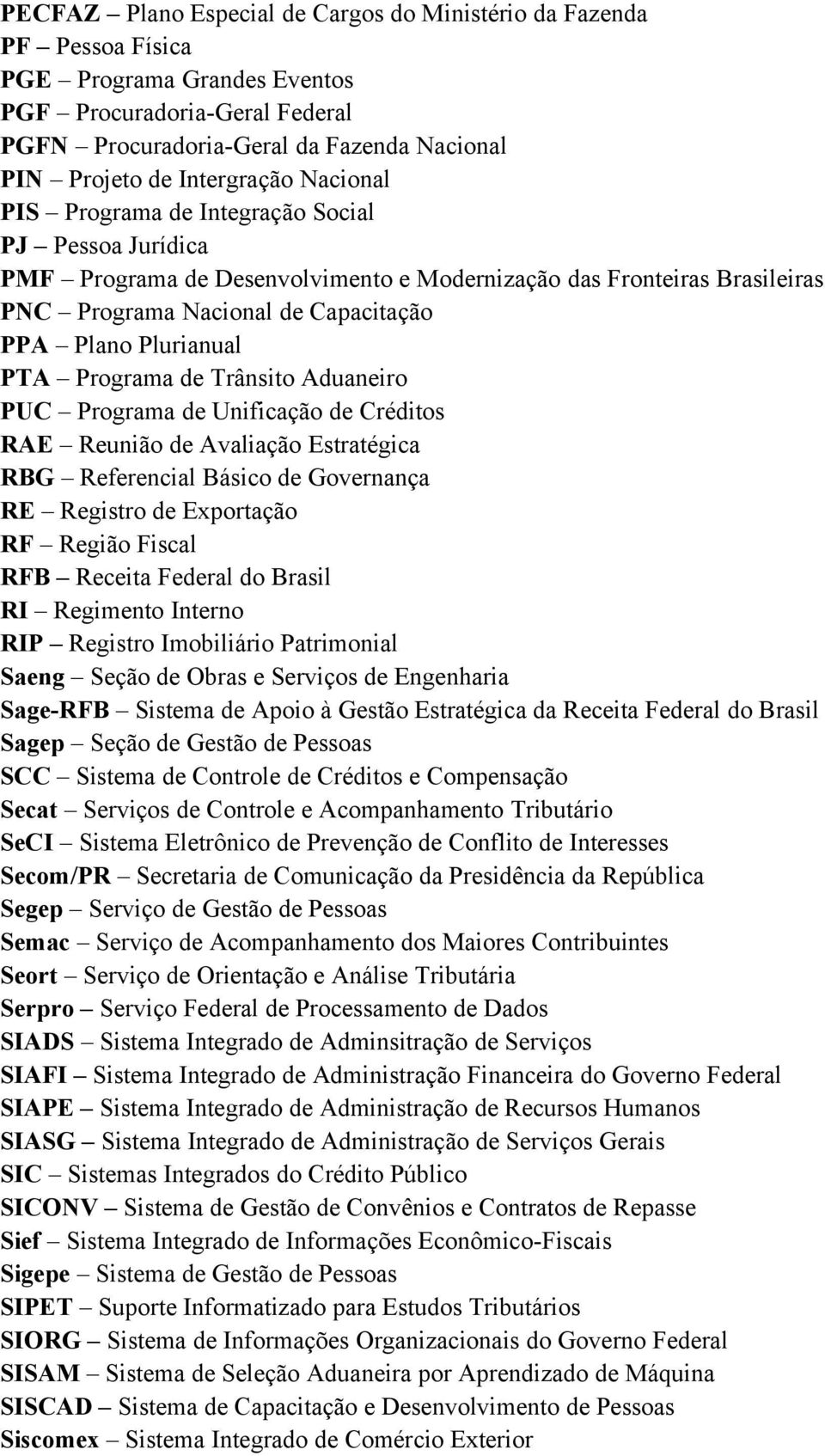 Plurianual PTA Programa de Trânsito Aduaneiro PUC Programa de Unificação de Créditos RAE Reunião de Avaliação Estratégica RBG Referencial Básico de Governança RE Registro de Exportação RF Região