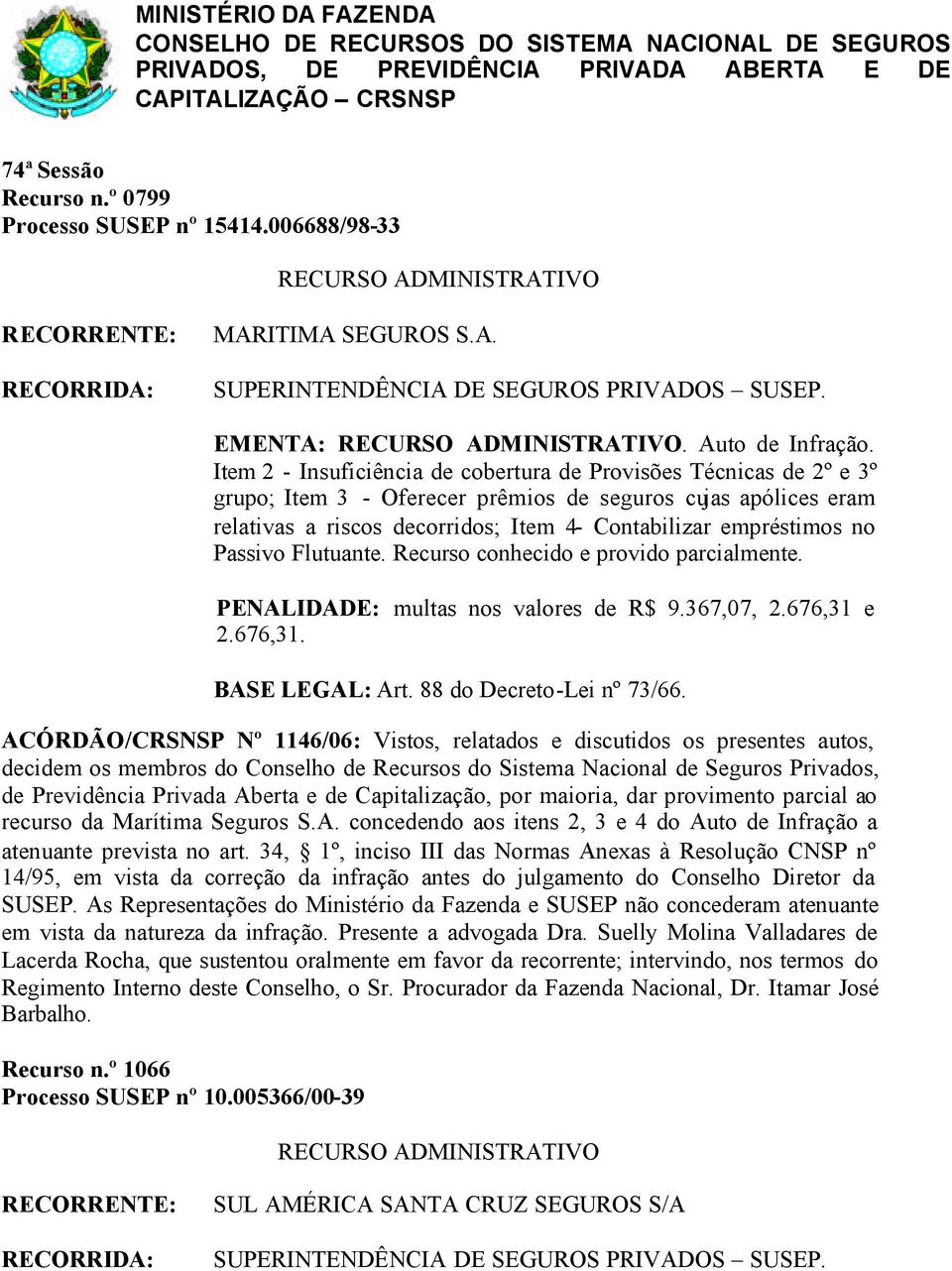 Item 2 - Insuficiência de cobertura de Provisões Técnicas de 2º e 3º grupo; Item 3 - Oferecer prêmios de seguros cujas apólices eram relativas a riscos decorridos; Item 4- Contabilizar empréstimos no