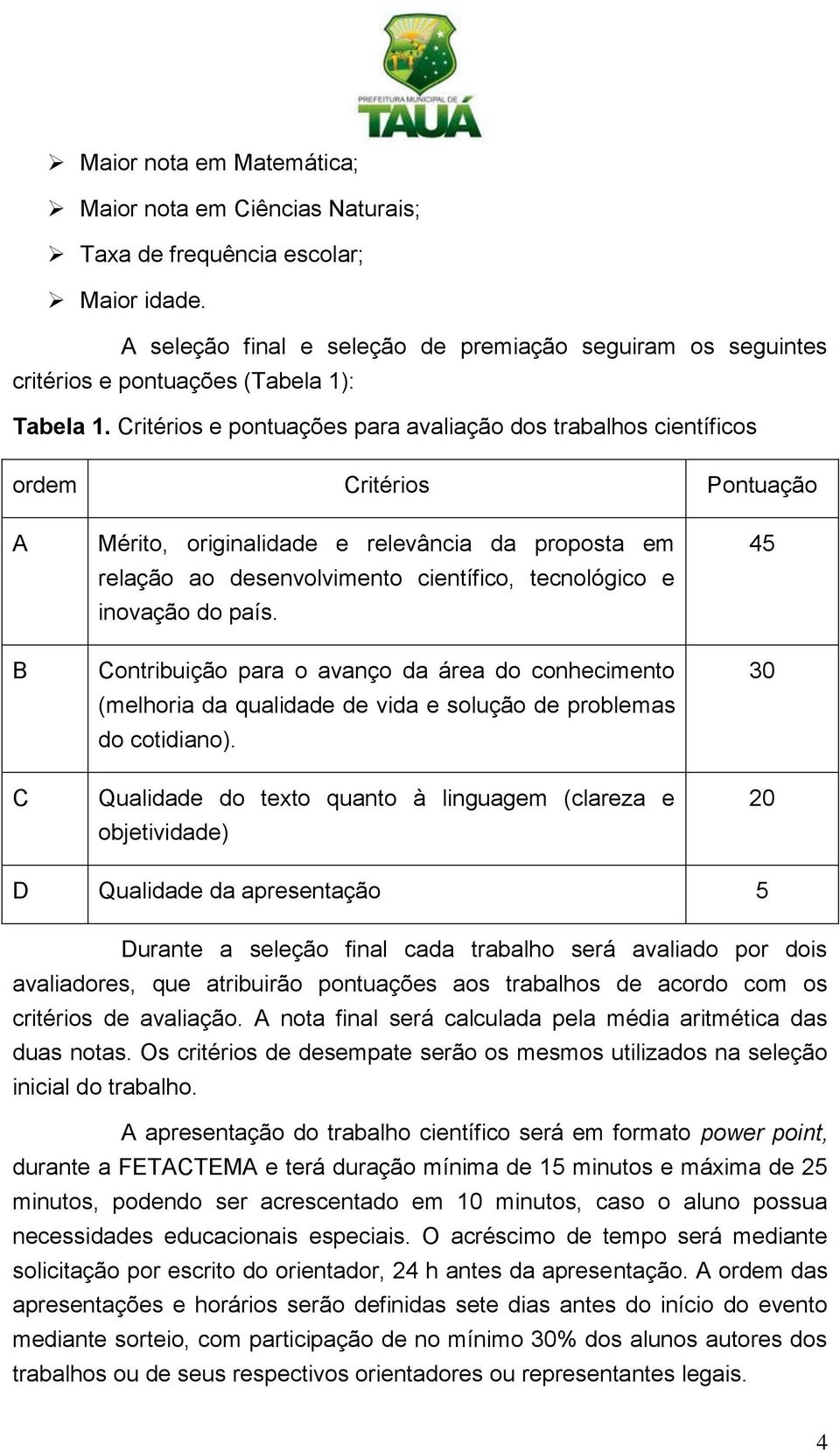 Critérios e pontuações para avaliação dos trabalhos científicos ordem Critérios Pontuação A B C Mérito, originalidade e relevância da proposta em relação ao desenvolvimento científico, tecnológico e