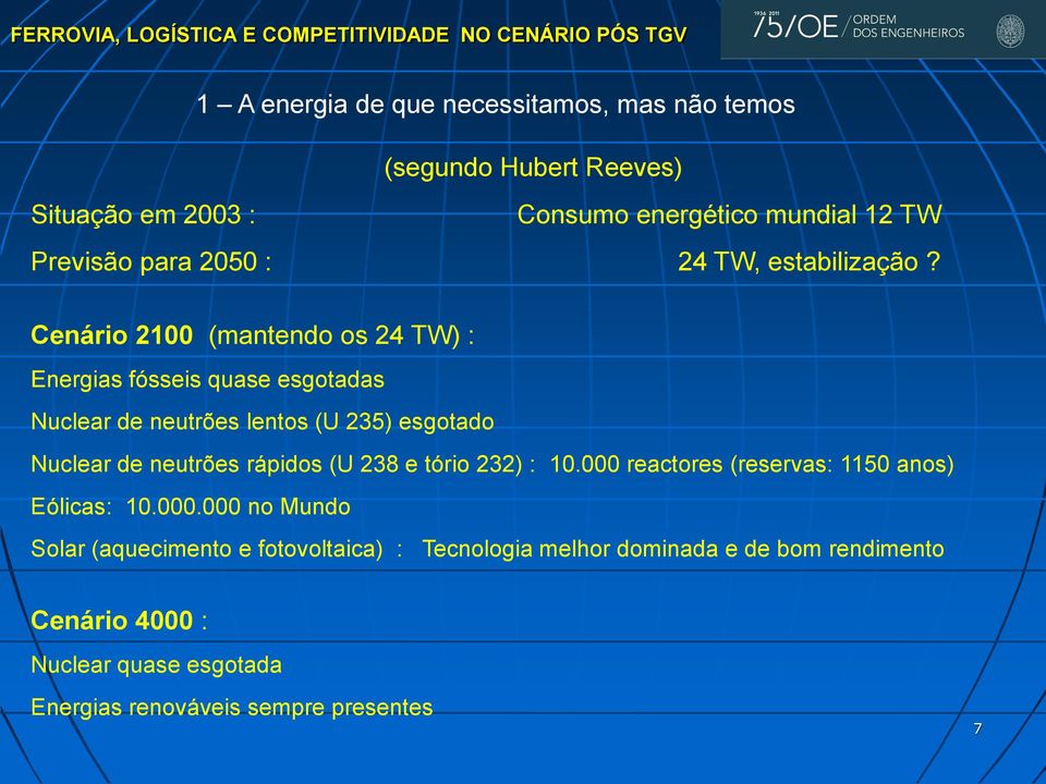 Cenário 2100 (mantendo os 24 TW) : Energias fósseis quase esgotadas Nuclear de neutrões lentos (U 235) esgotado Nuclear de neutrões