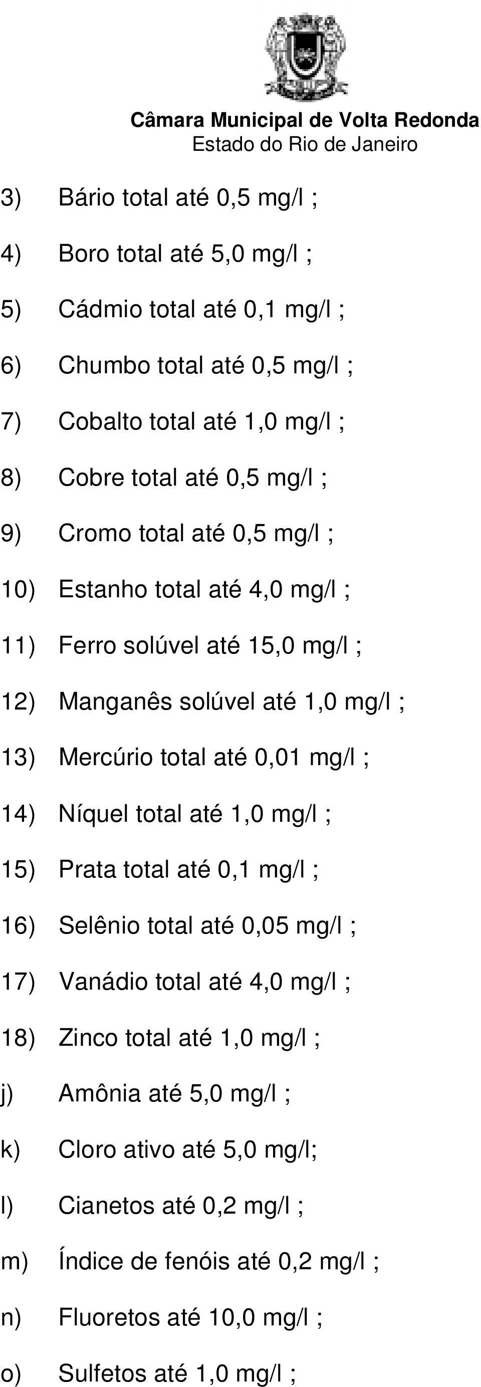 0,01 mg/l ; 14) Níquel total até 1,0 mg/l ; 15) Prata total até 0,1 mg/l ; 16) Selênio total até 0,05 mg/l ; 17) Vanádio total até 4,0 mg/l ; 18) Zinco total até 1,0 mg/l