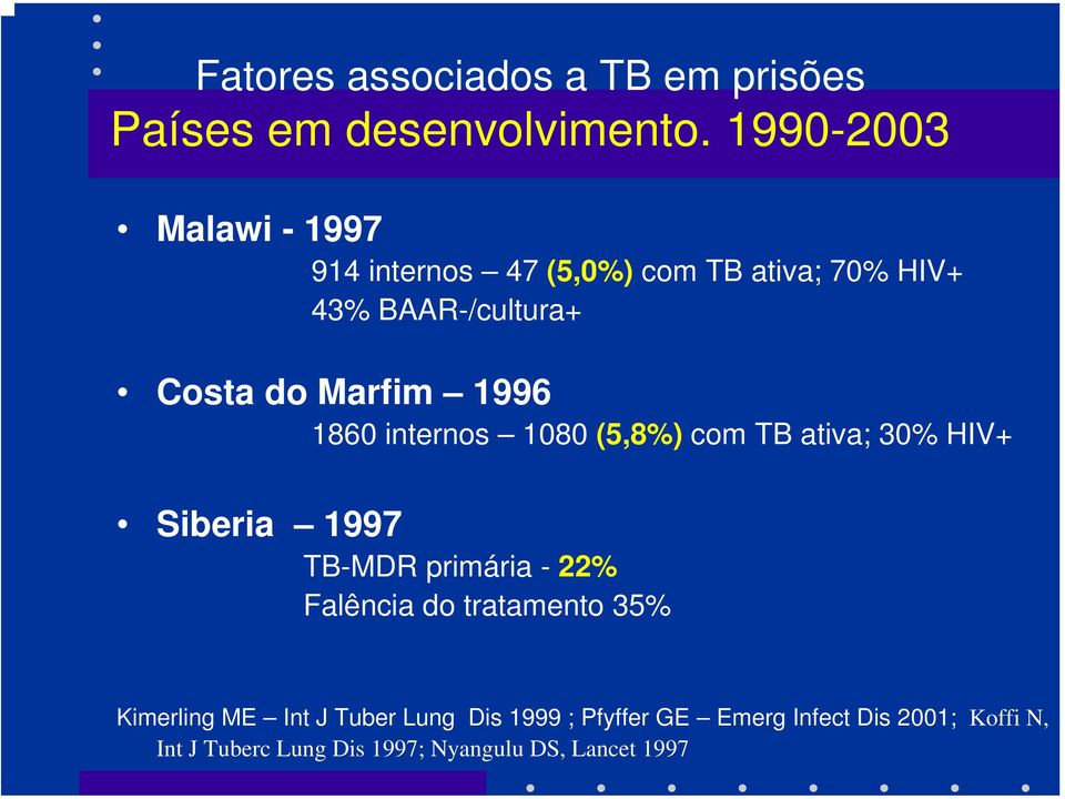 1996 1860 internos 1080 (5,8%) com TB ativa; 30% HIV+ Siberia 1997 TB-MDR primária - 22% Falência do