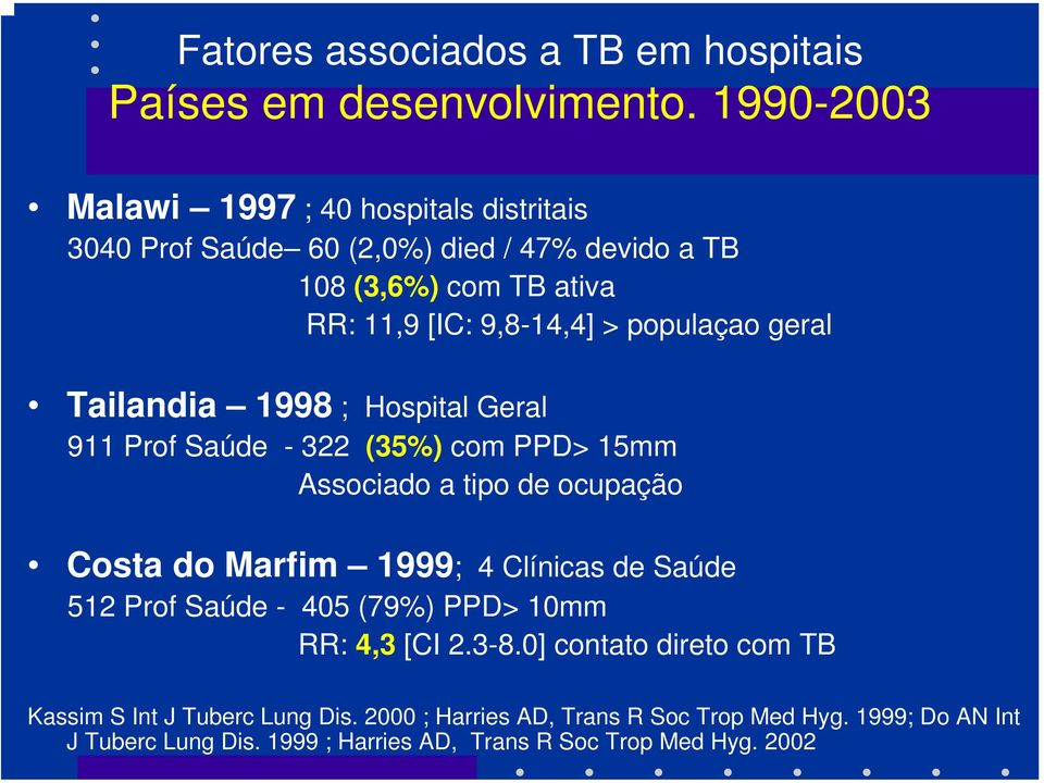 populaçao geral Tailandia 1998 ; Hospital Geral 911 Prof Saúde - 322 (35%) com PPD> 15mm Associado a tipo de ocupação Costa do Marfim 1999; 4 Clínicas