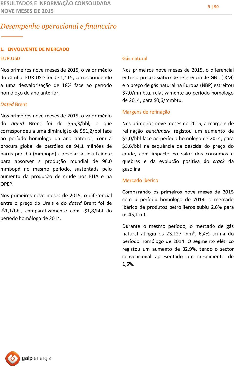 Dated Brent Nos primeiros nove meses de 2015, o valor médio do dated Brent foi de $55,3/bbl, o que correspondeu a uma diminuição de $51,2/bbl face ao período homólogo do ano anterior, com a procura