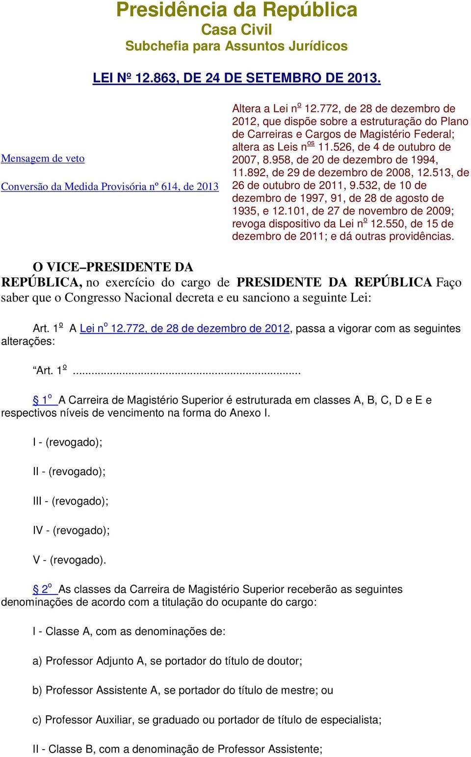 958, de 20 de dezembro de 1994, 11.892, de 29 de dezembro de 2008, 12.513, de 26 de outubro de 2011, 9.532, de 10 de dezembro de 1997, 91, de 28 de agosto de 1935, e 12.