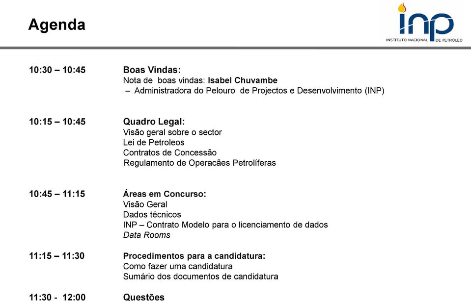 Petrolíferas 10:45 11:15 Áreas em Concurso: Visão Geral Dados técnicos INP Contrato Modelo para o licenciamento de dados Data