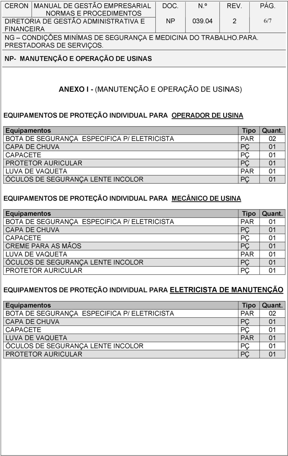 BOTA DE SEGURANÇA ESPECIFICA P/ ELETRICISTA PAR 01 CREME PARA AS MÃOS PÇ 01 ÓCULOS DE SEGURANÇA LENTE INCOLOR PÇ 01 EQUIPAMENTOS DE