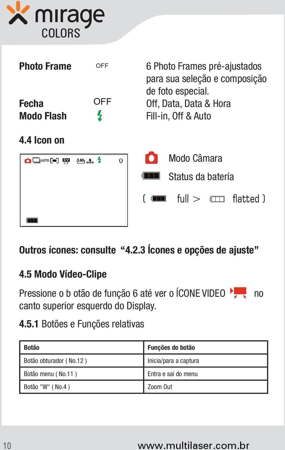 5 Modo Vídeo-Clipe Pressione o b otão de função 6 até ver o ÍCONE VIDEO canto superior esquerdo do Display. 4.5.1 Botões e Funções relativas no Botão Botão obturador ( No.