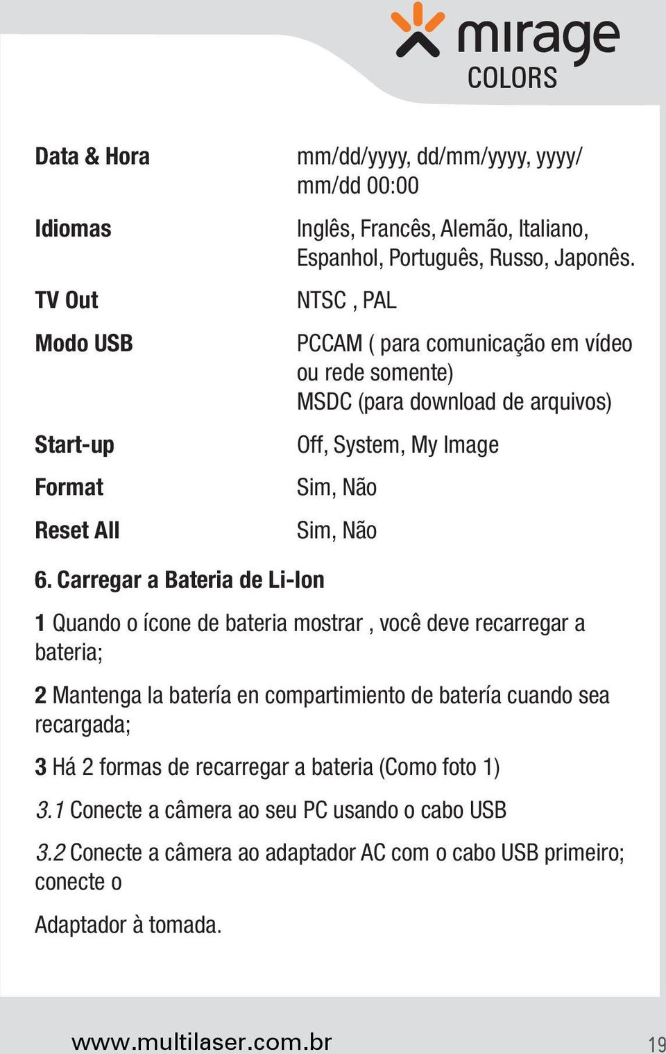 Carregar a Bateria de Li-Ion 1 Quando o ícone de bateria mostrar, você deve recarregar a bateria; 2 Mantenga la batería en compartimiento de batería cuando sea recargada; 3 Há