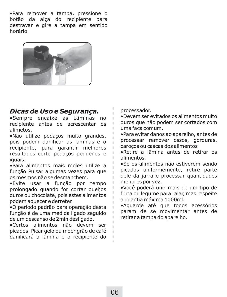 Não utilize pedaços muito grandes, pois podem danificar as laminas e o recipiente, para garantir melhores resultados corte pedaços pequenos e iguais.