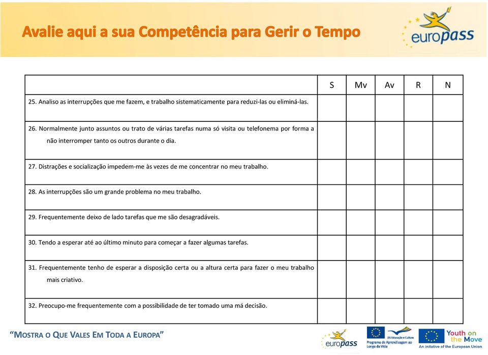 Distrações e socialização impedem-me às vezes de me concentrar no meu trabalho. 28. As interrupções são um grande problema no meu trabalho. 29.