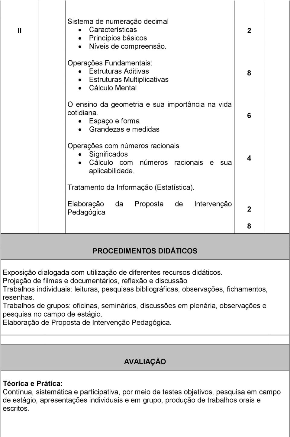 Espaço e forma Grandezas e medidas Operações com números racionais Significados Cálculo com números racionais e sua aplicabilidade. Tratamento da Informação (Estatística).