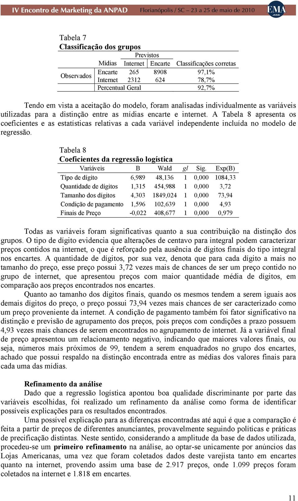 A Tabela 8 apresenta os coeficientes e as estatísticas relativas a cada variável independente incluída no modelo de regressão. Tabela 8 Coeficientes da regressão logística Variáveis B Wald gl Sig.