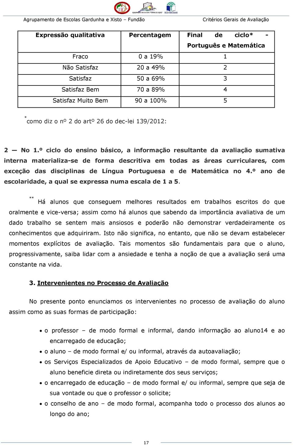 º ciclo do ensino básico, a informação resultante da avaliação sumativa interna materializa-se de forma descritiva em todas as áreas curriculares, com exceção das disciplinas de Língua Portuguesa e