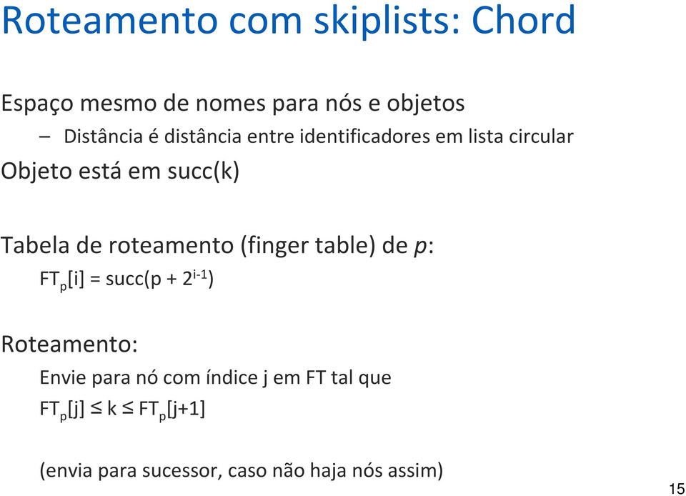 roteamento (finger table) de p: FT p [i] = succ(p + 2 i-1 ) Roteamento: Envie para