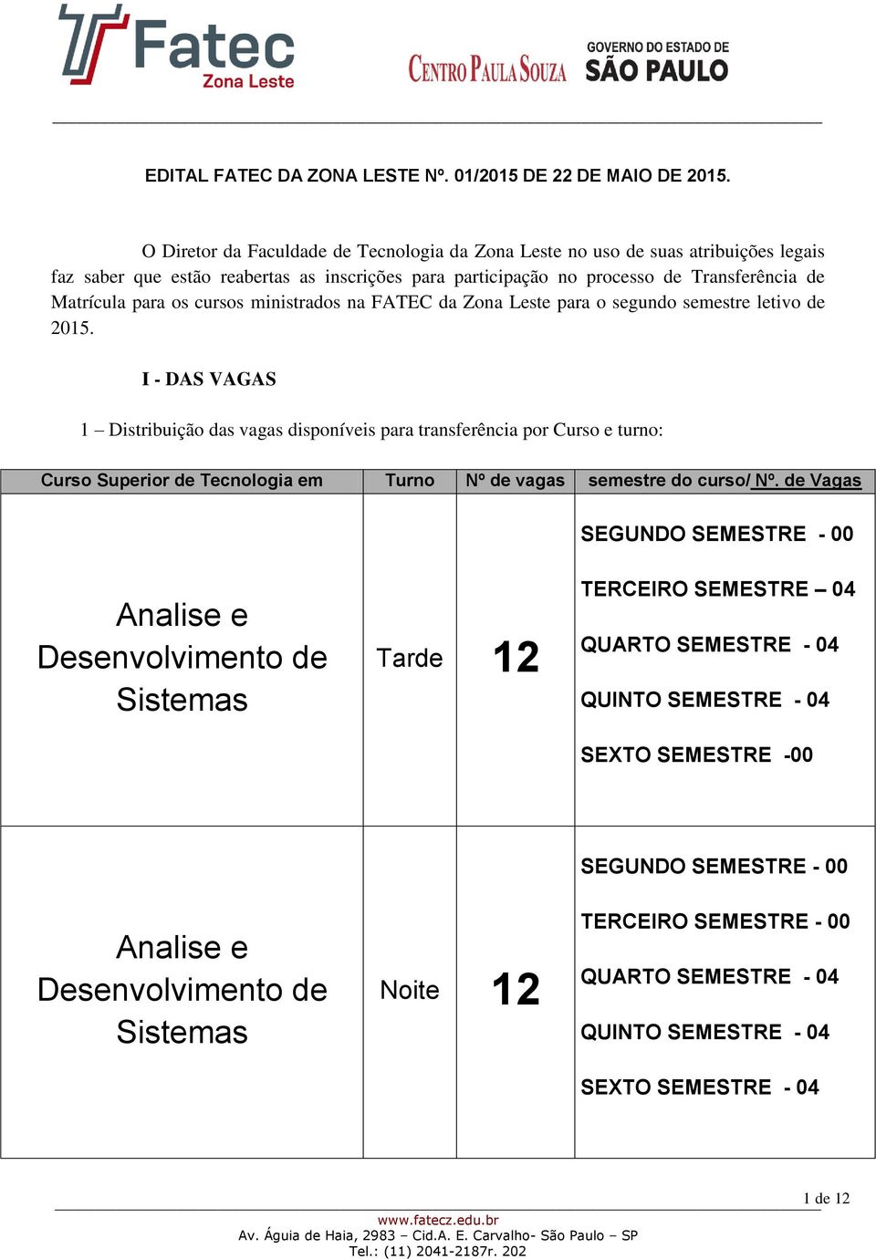 cursos ministrados na FATEC da Zona Leste para o segundo semestre letivo de 2015.