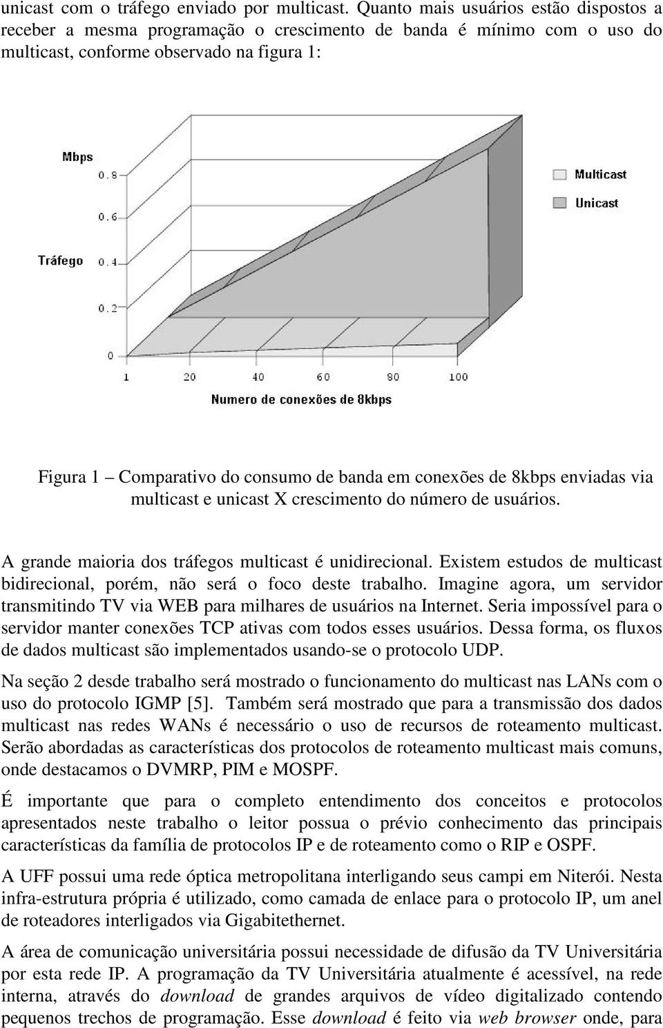 conexões de 8kbps enviadas via multicast e unicast X crescimento do número de usuários. A grande maioria dos tráfegos multicast é unidirecional.