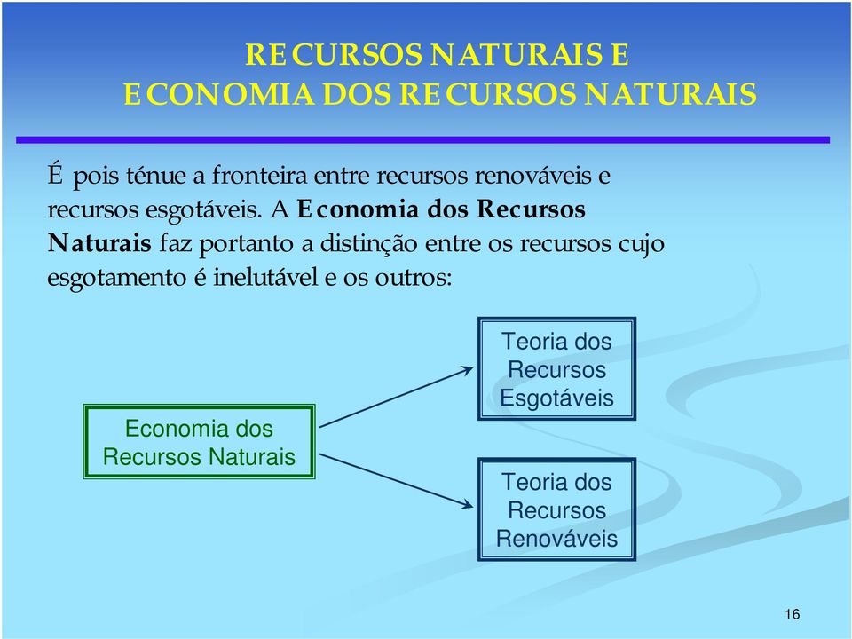 A Economia dos Recursos Naturais faz portanto a distinção entre os recursos cujo