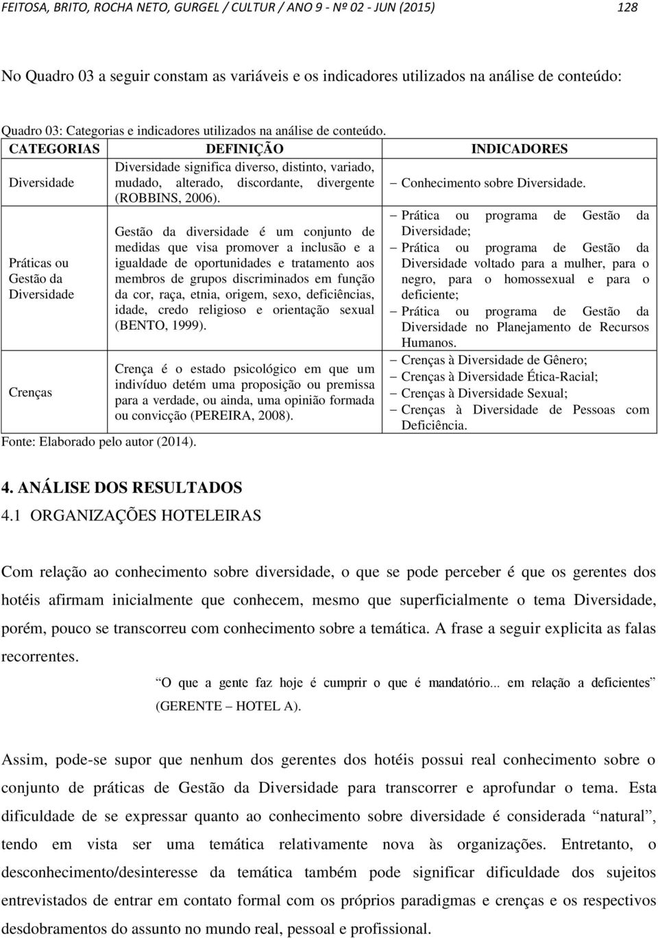 CATEGORIAS DEFINIÇÃO INDICADORES Diversidade significa diverso, distinto, variado, Diversidade mudado, alterado, discordante, divergente Conhecimento sobre Diversidade. (ROBBINS, 2006).