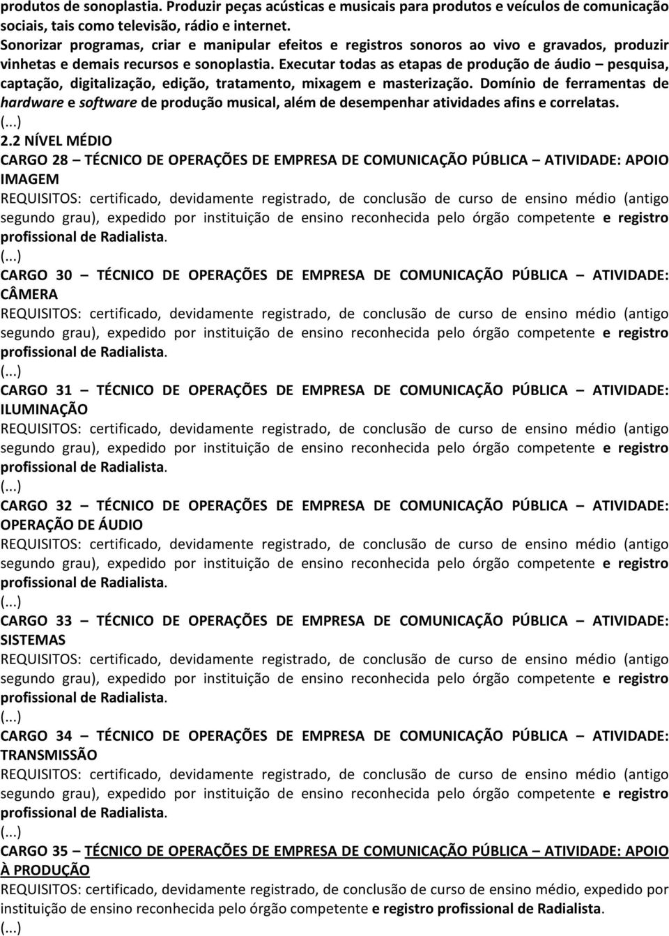 Executar todas as etapas de produção de áudio pesquisa, captação, digitalização, edição, tratamento, mixagem e masterização.