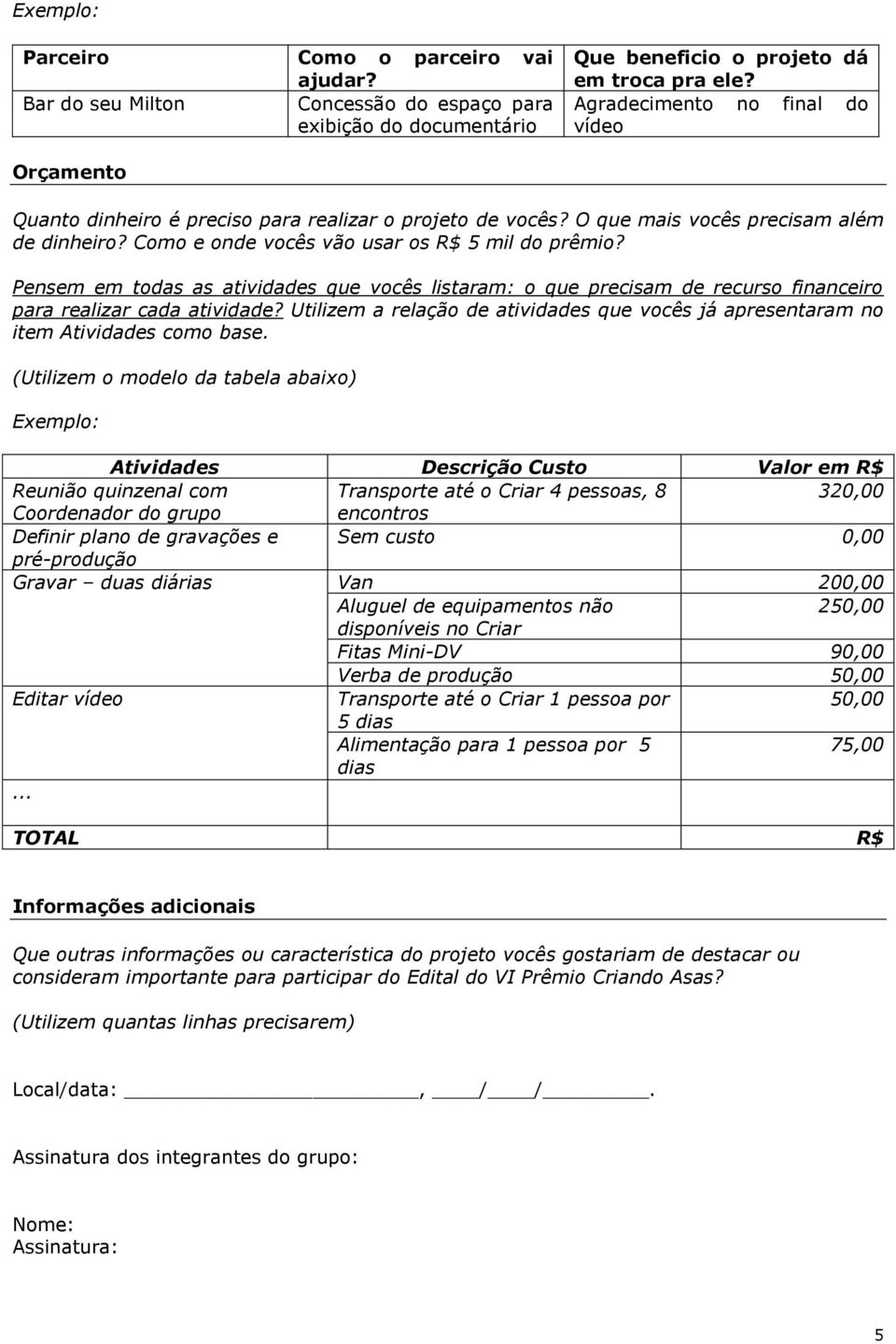 Pensem em todas as atividades que vocês listaram: o que precisam de recurso financeiro para realizar cada atividade?