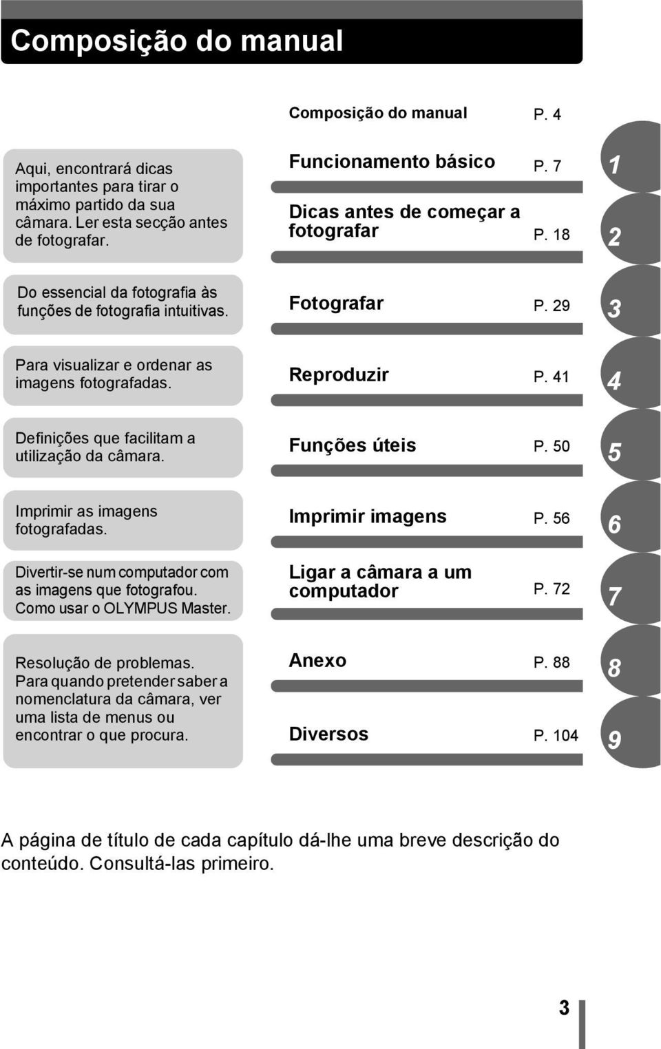 29 3 Para visualizar e ordenar as imagens fotografadas. Reproduzir P. 41 4 Definições que facilitam a utilização da câmara. Funções úteis P. 50 5 Imprimir as imagens fotografadas. Imprimir imagens P.