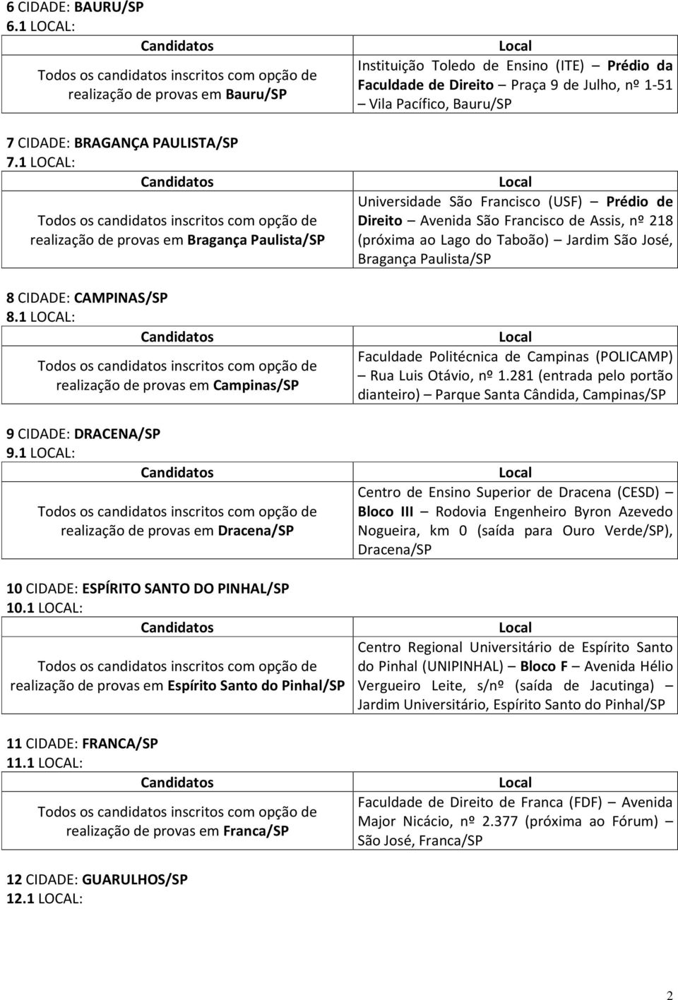 1 LOCAL: realização de provas em Espírito Santo do Pinhal/SP 11 CIDADE: FRANCA/SP 11.