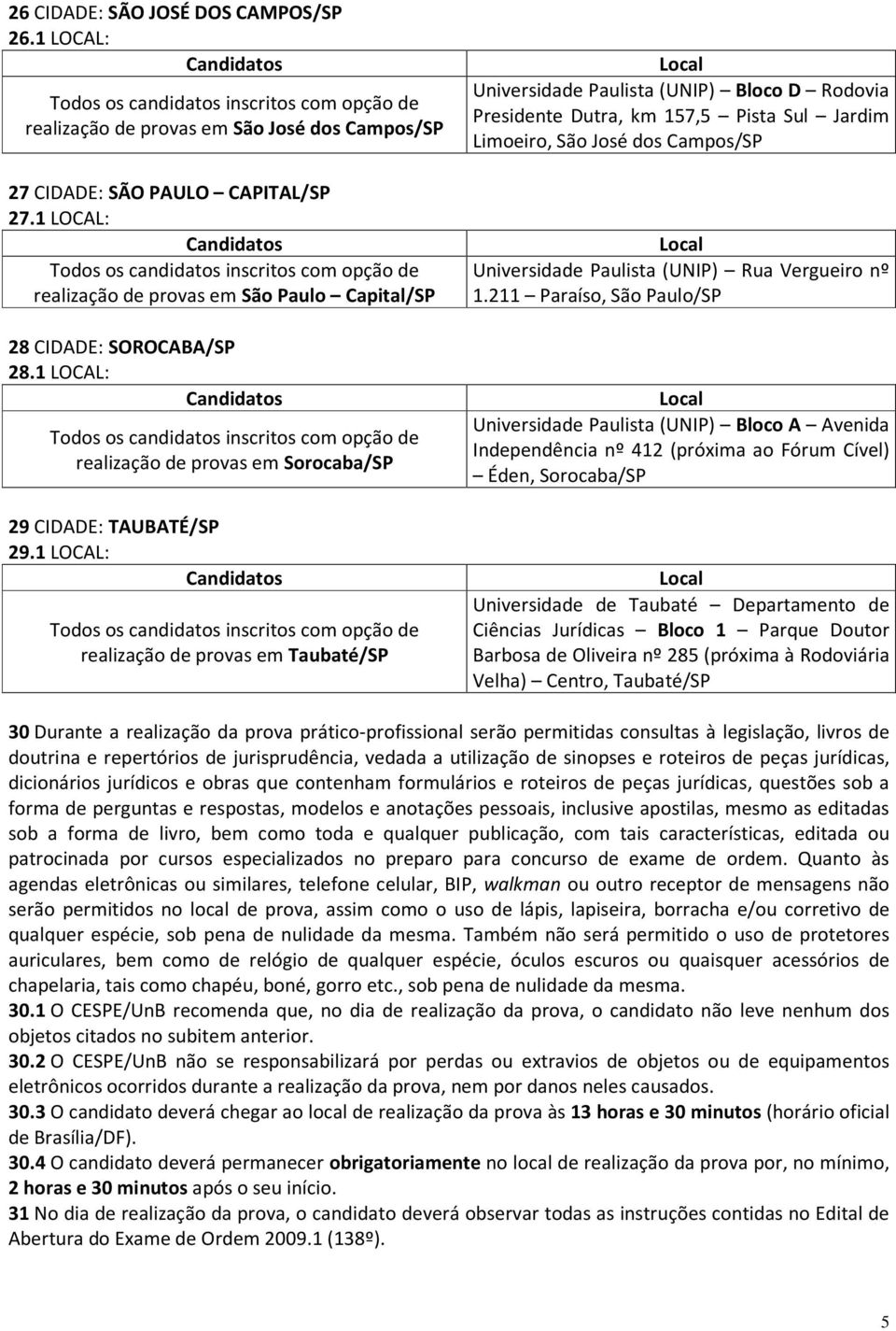 1 LOCAL: realização de provas em Taubaté/SP Universidade Paulista (UNIP) Bloco D Rodovia Presidente Dutra, km 157,5 Pista Sul Jardim Limoeiro, São José dos Campos/SP Universidade Paulista (UNIP) Rua