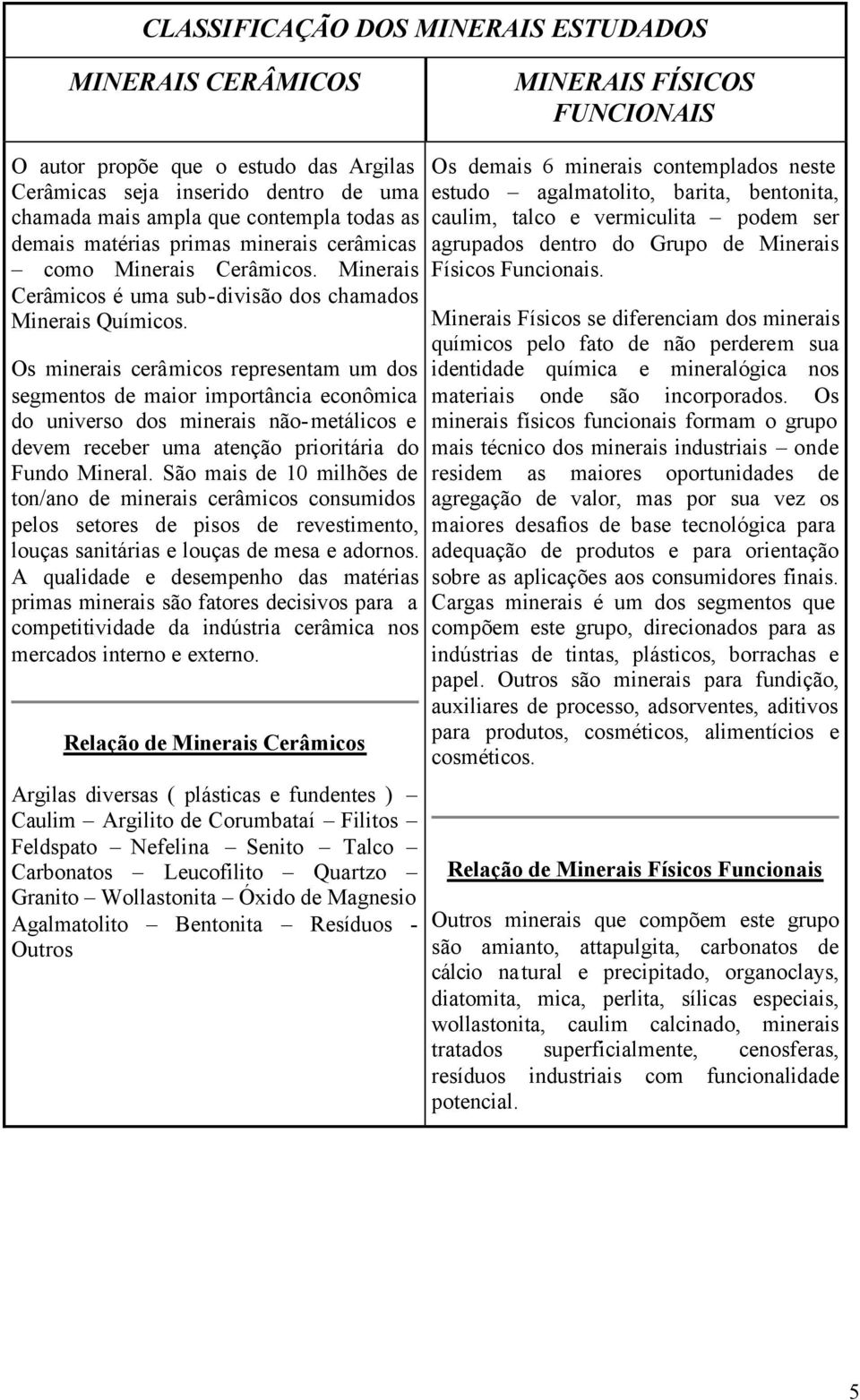 Os minerais cerâmicos representam um dos segmentos de maior importância econômica do universo dos minerais não-metálicos e devem receber uma atenção prioritária do Fundo Mineral.