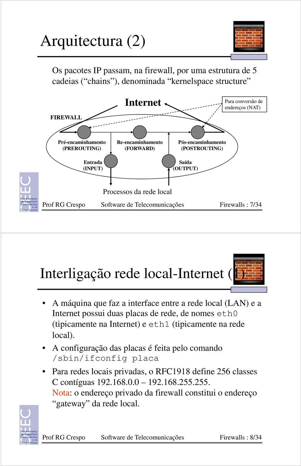 Interligação rede local-internet (1) A máquina que faz a interface entre a rede local (LAN) e a Internet possui duas placas de rede, de nomes eth0 (tipicamente na Internet) e eth1 (tipicamente na