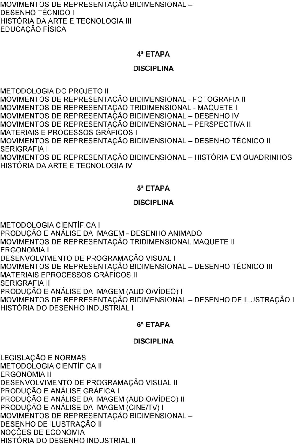 DA IMAGEM - DESENHO ANIMADO MOVIMENTOS DE REPRESENTAÇÃO TRIDIMENSIONAL MAQUETE II ERGONOMIA I DESENVOLVIMENTO DE PROGRAMAÇÃO VISUAL I DESENHO TÉCNICO III MATERIAIS EPROCESSOS GRÁFICOS II SERIGRAFIA