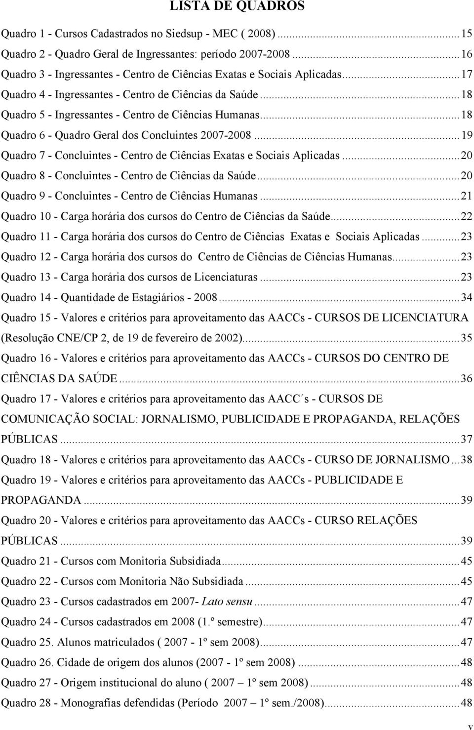 ..18 Quadro 6 - Quadro Geral dos Concluintes 2007-2008...19 Quadro 7 - Concluintes - Centro de Ciências Exatas e Sociais Aplicadas...20 Quadro 8 - Concluintes - Centro de Ciências da Saúde.