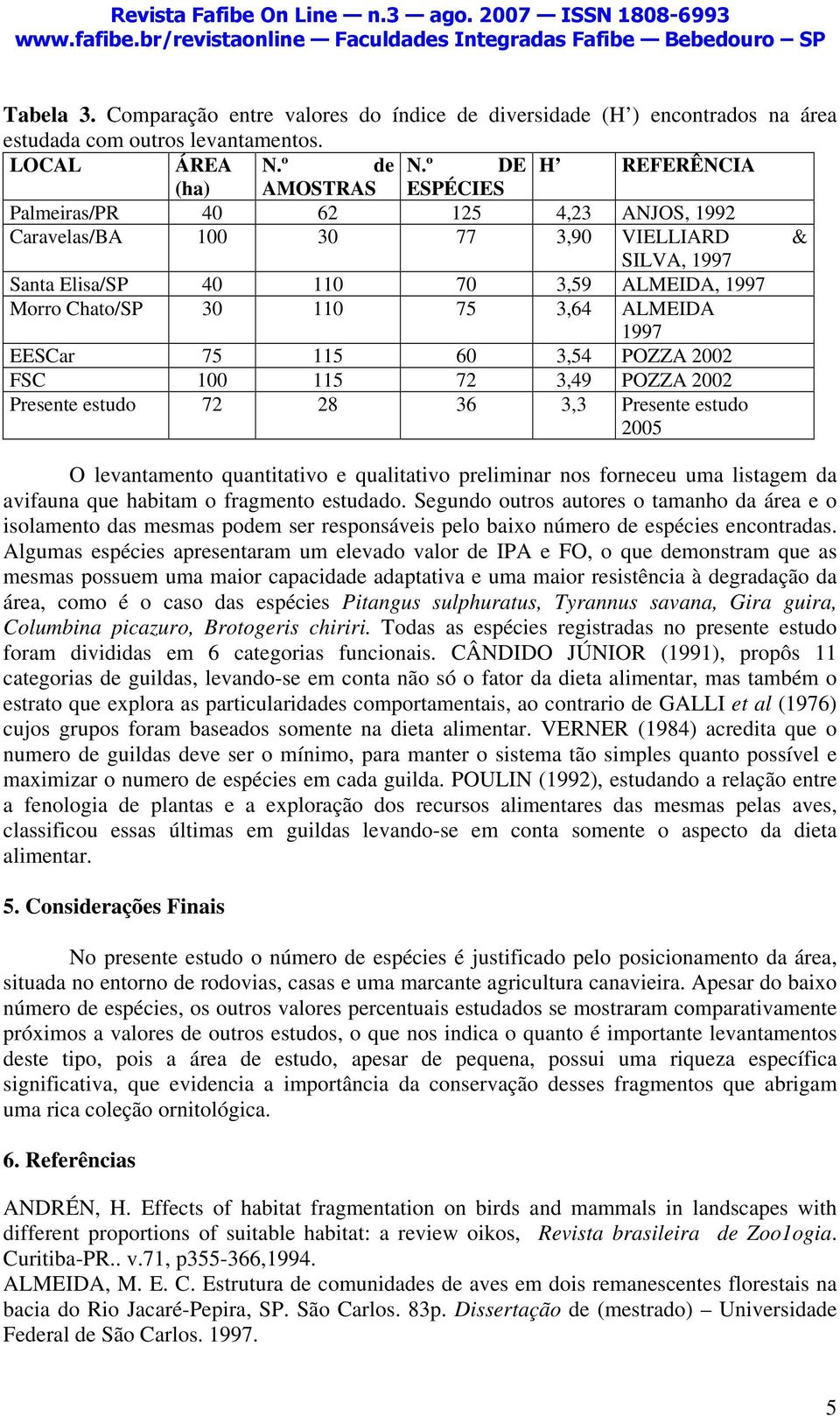 75 3,64 ALMEIDA 1997 EESCar 75 115 60 3,54 POZZA 2002 FSC 100 115 72 3,49 POZZA 2002 Presente estudo 72 28 36 3,3 Presente estudo 2005 O levantamento quantitativo e qualitativo preliminar nos