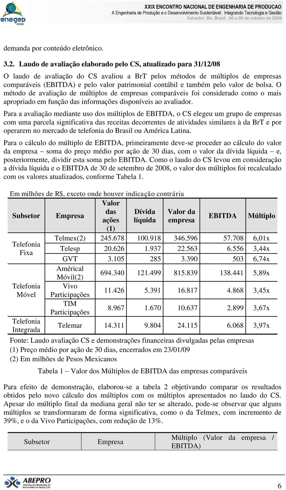 também pelo valor de bolsa. O método de avaliação de múltiplos de empresas comparáveis foi considerado como o mais apropriado em função das informações disponíveis ao avaliador.