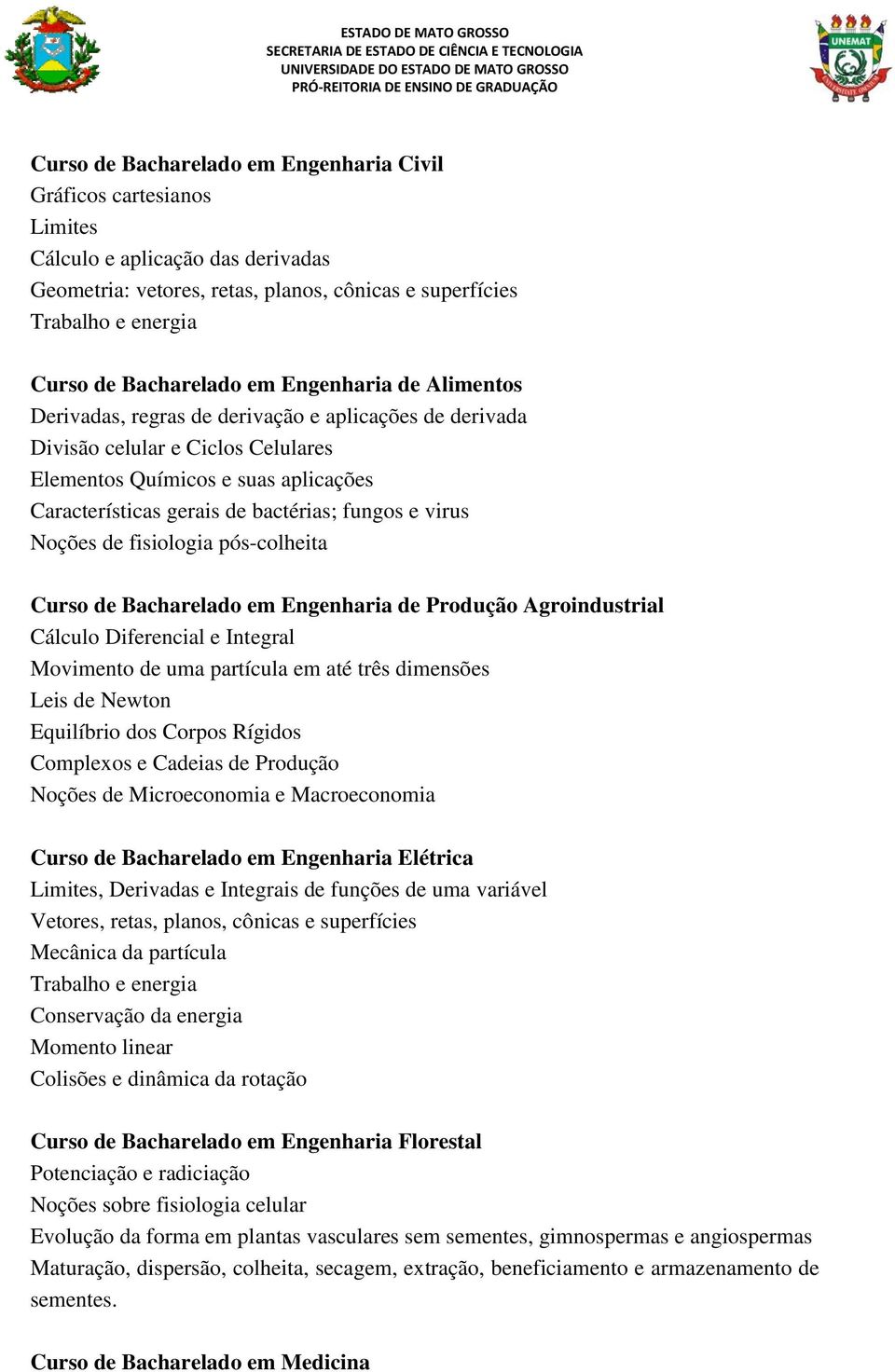 bactérias; fungos e virus Noções de fisiologia pós-colheita Curso de Bacharelado em Engenharia de Produção Agroindustrial Cálculo Diferencial e Integral Movimento de uma partícula em até três