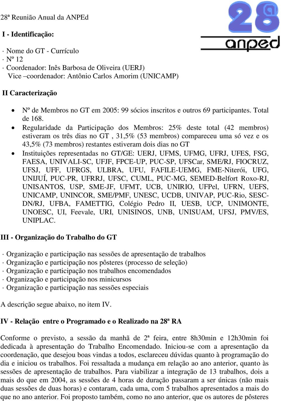 Regularidade da Participação dos Membros: 25% deste total (42 membros) estiveram os três dias no GT, 31,5% (53 membros) compareceu uma só vez e os 43,5% (73 membros) restantes estiveram dois dias no