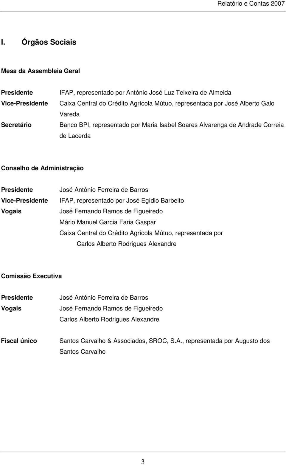 Barros IFAP, representado por José Egídio Barbeito José Fernando Ramos de Figueiredo Mário Manuel Garcia Faria Gaspar Caixa Central do Crédito Agrícola Mútuo, representada por Carlos Alberto