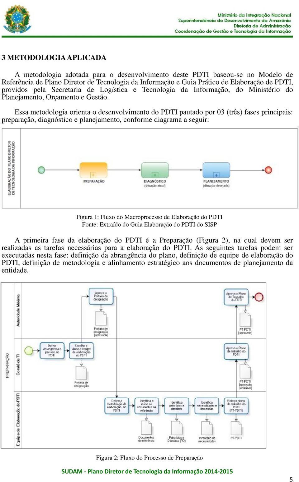 Essa metodologia orienta o desenvolvimento do PDTI pautado por 03 (três) fases principais: preparação, diagnóstico e planejamento, conforme diagrama a seguir: Figura 1: Fluxo do Macroprocesso de