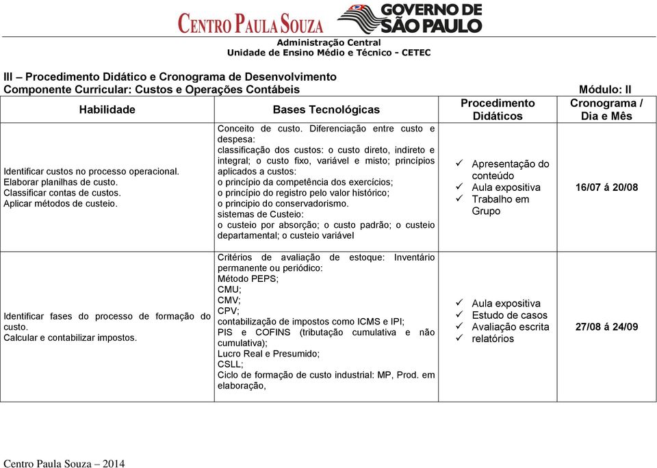 Diferenciação entre custo e despesa: classificação dos custos: o custo direto, indireto e integral; o custo fixo, variável e misto; princípios aplicados a custos: o princípio da competência dos