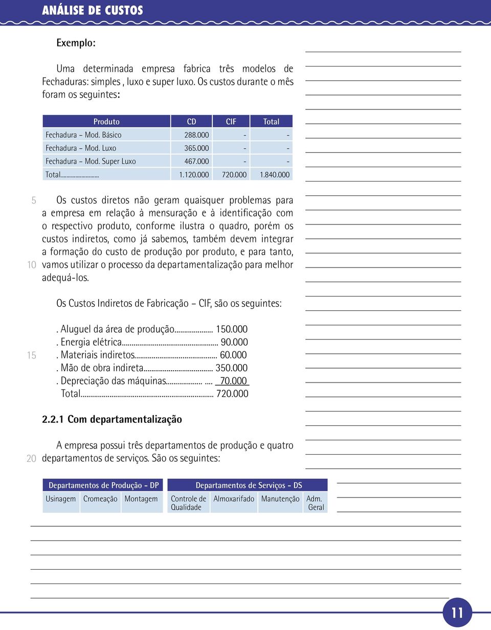 000 Os custos diretos não geram quaisquer problemas para a empresa em relação à mensuração e à identificação com o respectivo produto, conforme ilustra o quadro, porém os custos indiretos, como já