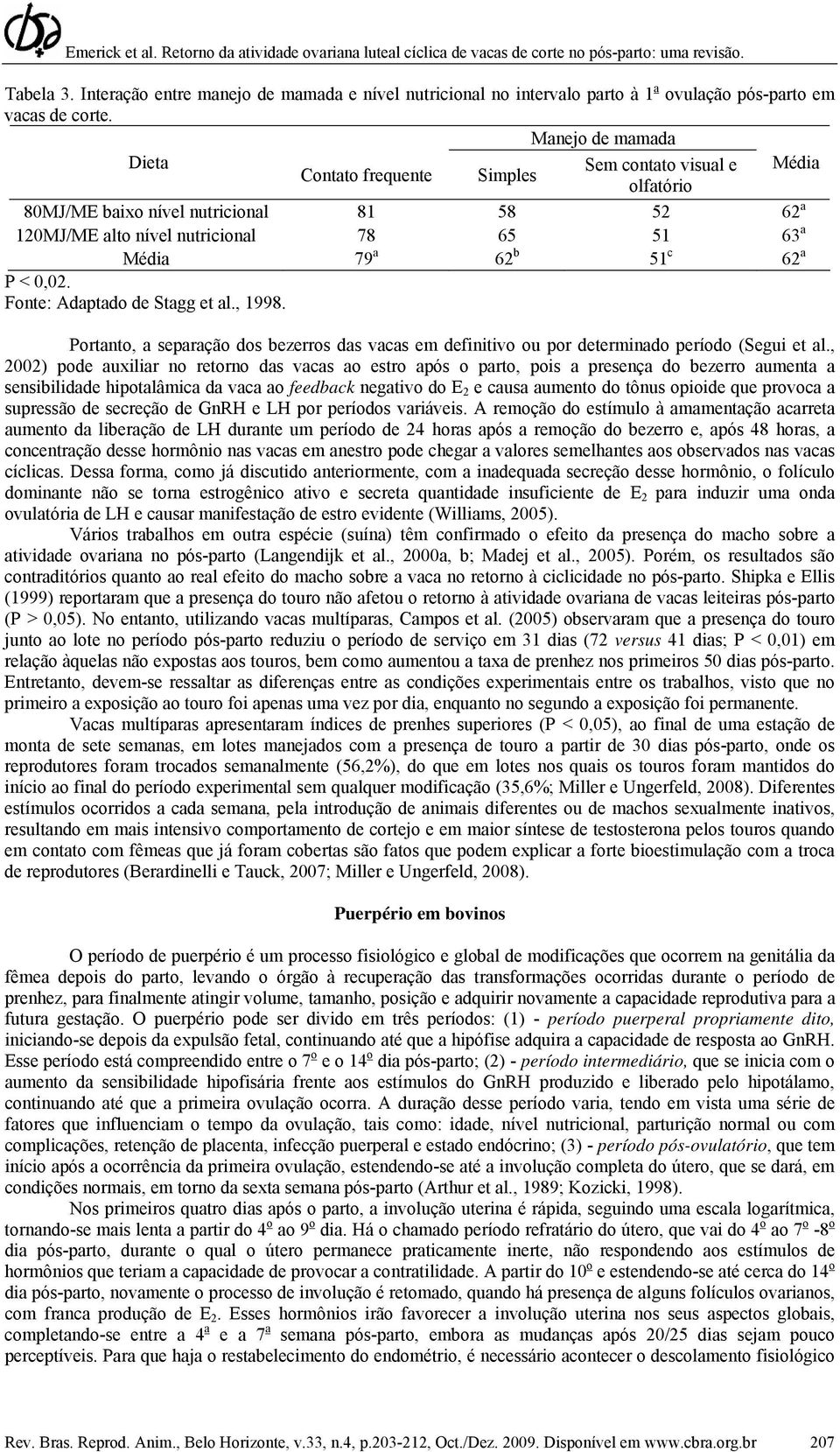 62 a P < 0,02. Fonte: Adaptado de Stagg et al., 1998. Portanto, a separação dos bezerros das vacas em definitivo ou por determinado período (Segui et al.